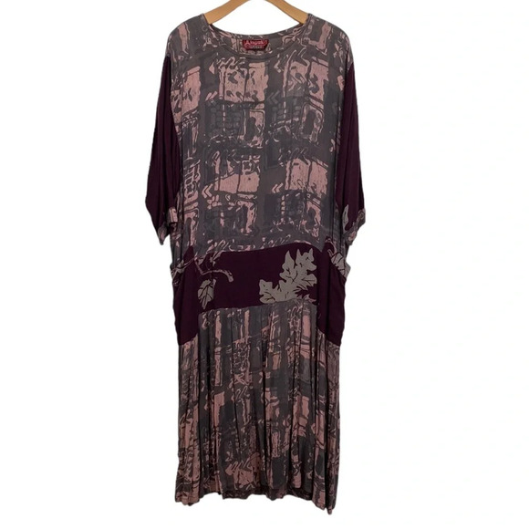 Rayon Maxi Dress Women’s One Size Lagenlook Patchwork Mixed Media Vintage 90s - Picture 1 of 14